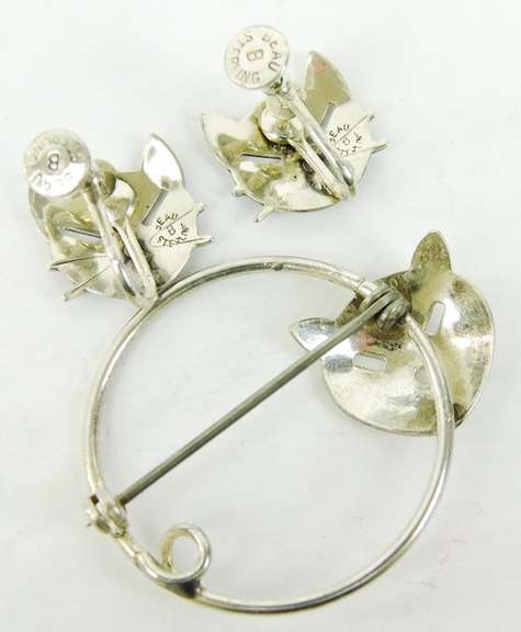 Vintage Signed Sterling Cat Pin & Earrings