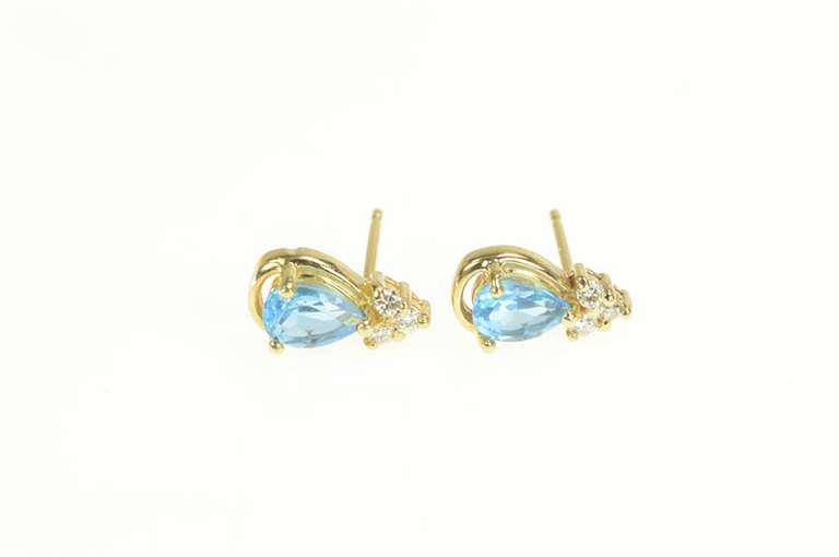 14K Yellow Gold Pear Blue Topaz Diamond Cluster Stud Earrings