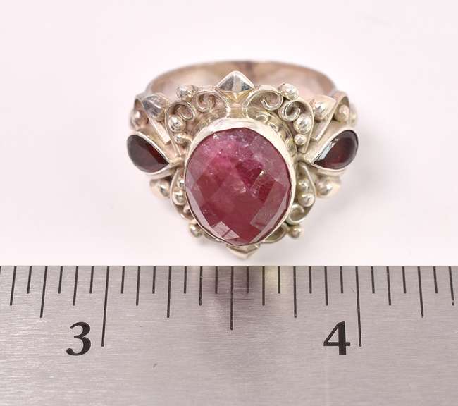 Enhanced Ruby Flanked By Garnets Set In Sterling Ring