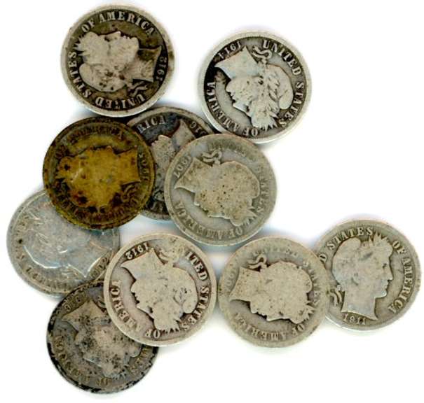 10 Assorted Silver Barber Dimes