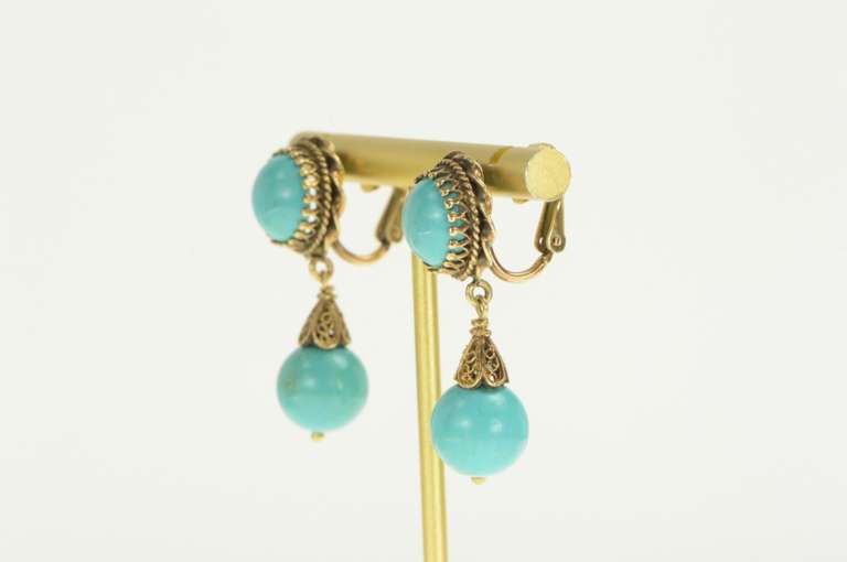 14K Yellow Gold Retro Turquoise Dangle Ornate Screw Back Earrings