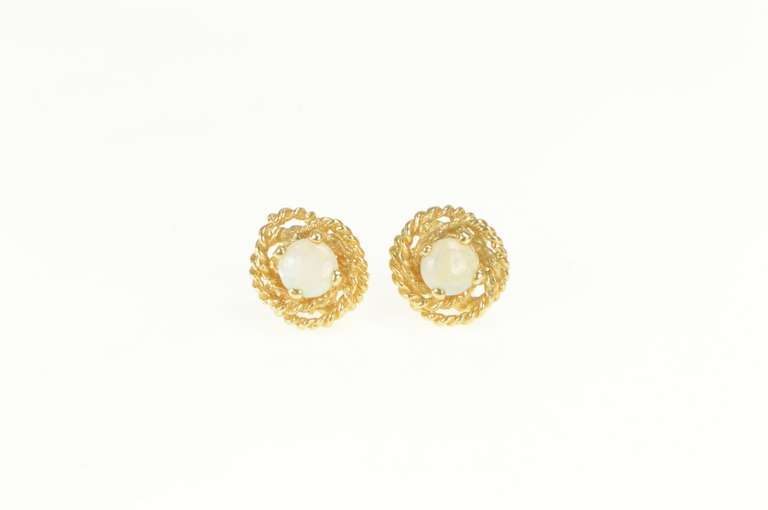 14K Yellow Gold Natural Opal Rope Trim Halo Stud Vintage Earrings