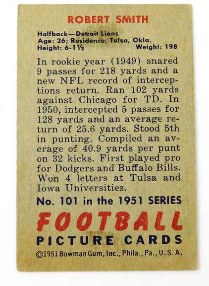 Robert Smith, Lions 1951 Bowman Football Card