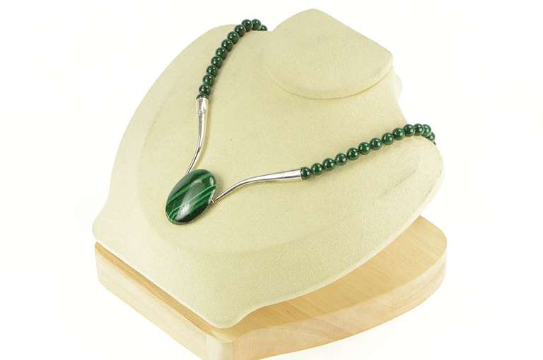 Sterling Silver Oval Malachite Cabochon Southwestern Beaded Necklace