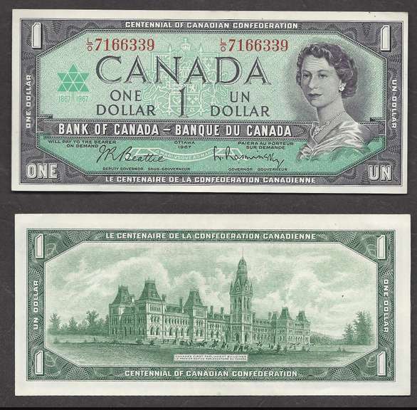 $1 1967 Canadian both English and Canadian About Uncirculated