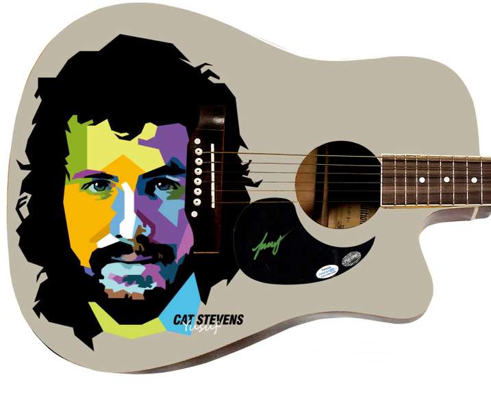 Cat Stevens Yusuf Autographed 1/1 Custom Graphics Photo Guitar ACOA PSA