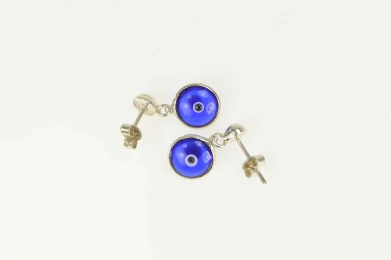 Sterling Silver Nazar Blue Evil Eye Symbol Dangle Earrings