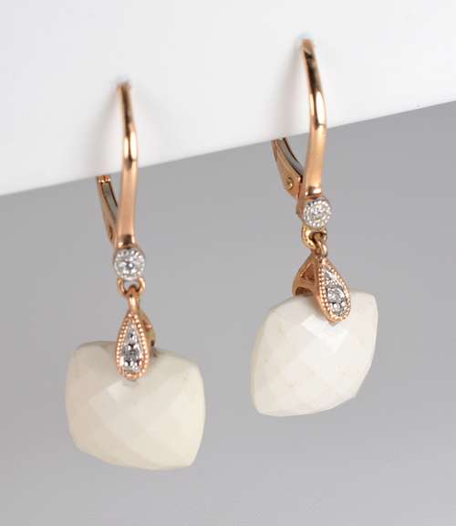 Stylish White Agate & Diamond Drop Earrings in 14K RG
