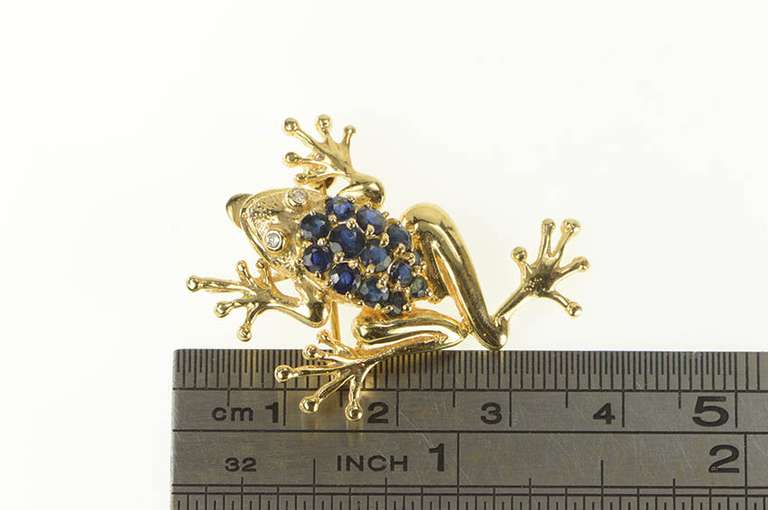 14K Yellow Gold Pave Sapphire Diamond Tree Frog Pin/Brooch
