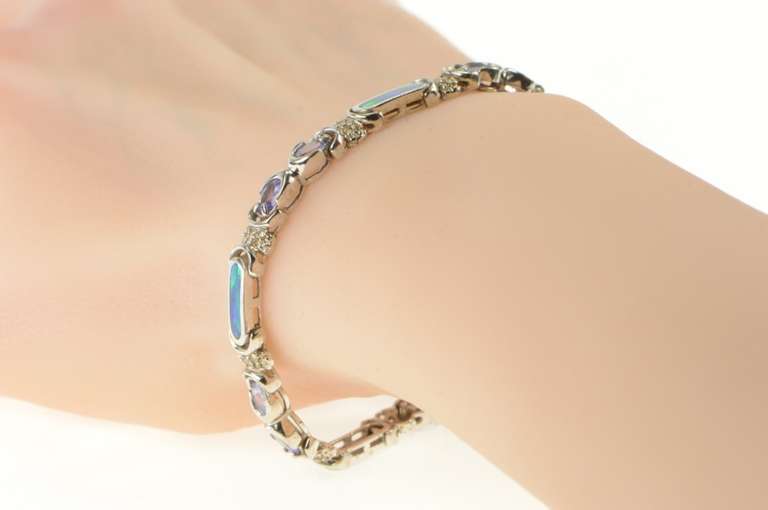 14K White Gold Black Opal Inlay Tanzanite Diamond Statement Bracelet