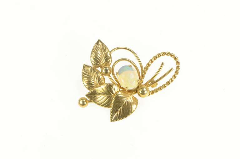 14K Yellow Gold Oval Natural Opal Leaf Cluster Statement Pin/Brooch