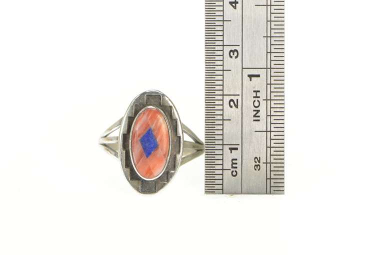 Sterling Silver Teme Coral Lapis Southwestern Geometric Ring