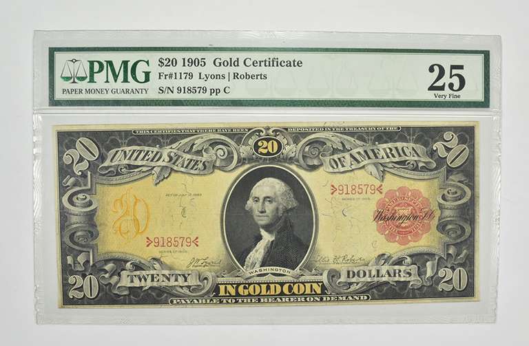 $20 1905 U.S. Gold Certificate Large Note - PMG - 25 VF Fr# 1179