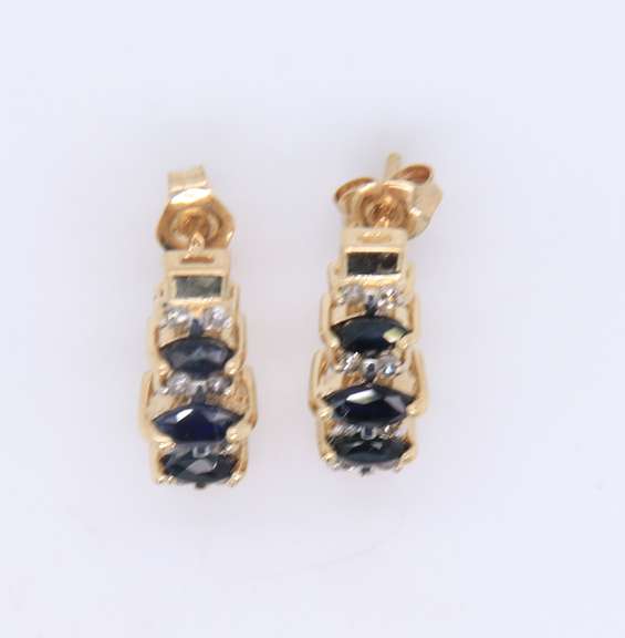 Handsome Yellow Gold Marquise Sapphire and Diamond Earrings