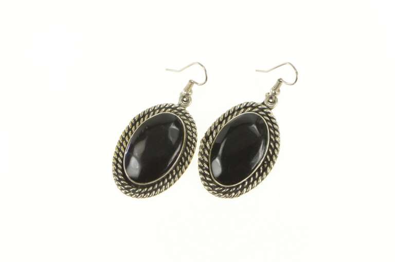 Sterling Silver Oval Black Onyx Rope Dangle Southwestern Earrings
