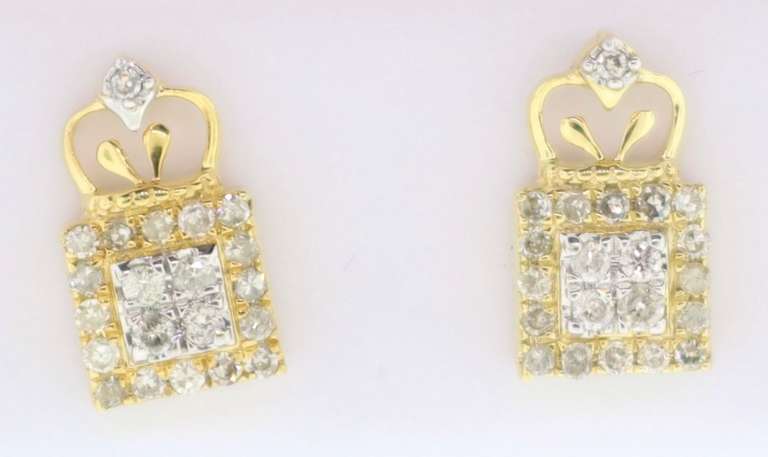 Beautiful 10k Yellow Gold Square Earrings studded with Diamonds