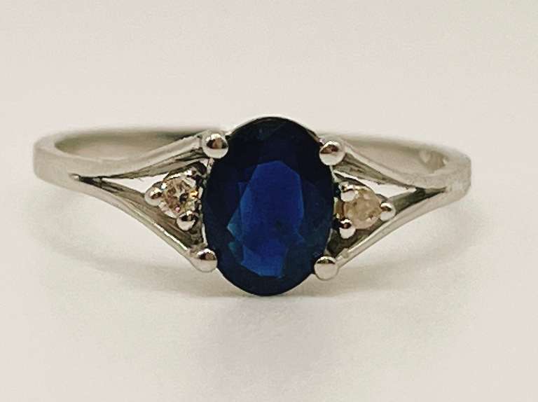 14kt Solid White Gold, Blue Sapphire, & Diamond Ring