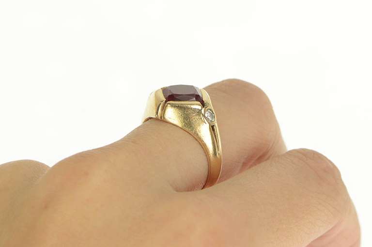 14K Yellow Gold 1960's Cushion Syn. Ruby 0.25 Ctw Diamond Ring