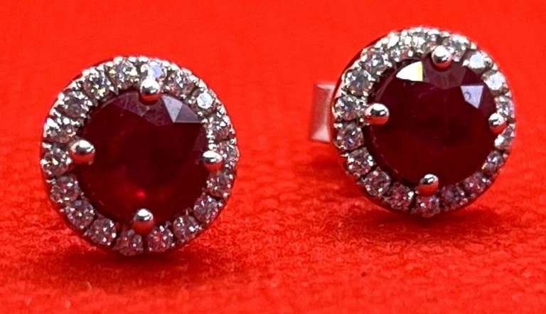 14K WHITE GOLD DIAMOND AND RUBY PUSH BACK EARRINGS