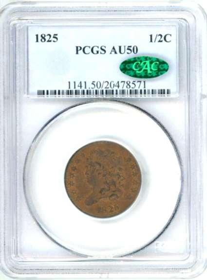 1825 Classic Head Half Cent in PCGS AU50 CAC