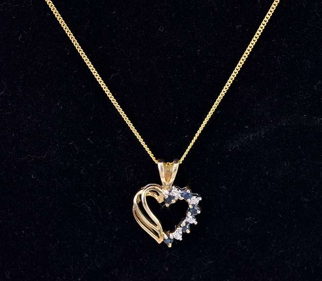 Brilliant Blue Sapphire and Diamond Heart Pendant Necklace in Yellow Gold