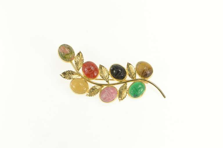 14K Yellow Gold Egyptian Carved Scarab Stone Branch Pin/Brooch