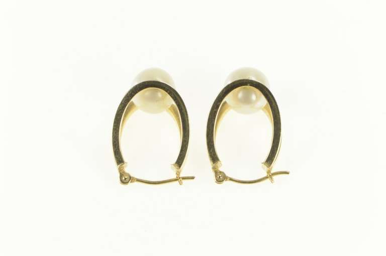 14K Yellow Gold Pearl Split Oval Hoop Vintage Statement Earrings