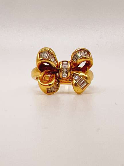 Fancy 18kt Solid Yellow Gold & Diamond Bow Ring