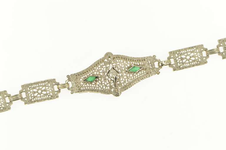 14K White Gold Art Deco Syn. Emerald Diamond Filigree Bracelet