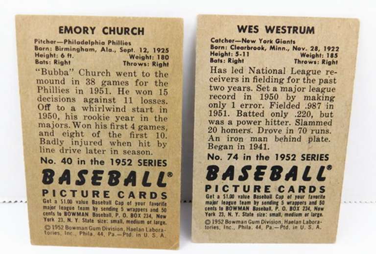 2 Bowman 1952 Baseball Cards