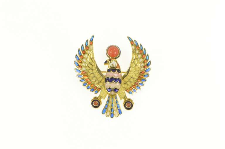 22K Yellow Gold Horus Ancient Egyptian Enamel Falcon Symbol Pin/Brooch