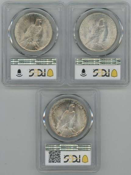 3 Diff. near Gem BU 1922-1924 Peace Silver Dollars. NGC MS64