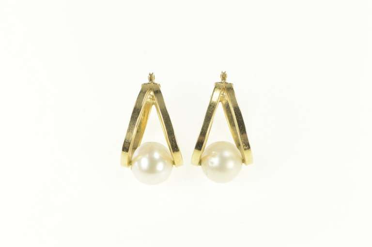 14K Yellow Gold Pearl Split Oval Hoop Vintage Statement Earrings
