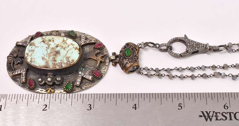 Lovely 41.29CTW Turquoise & 0.12CTW Diamond Pendant with Labradorite Necklace in Sterling Silver