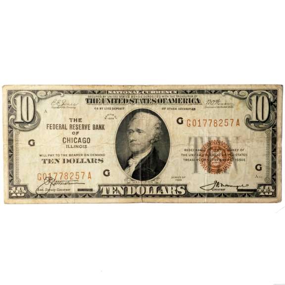 $10 1929 National Currency Federal Reserve Bank Chicago Ill NoteBank  Note