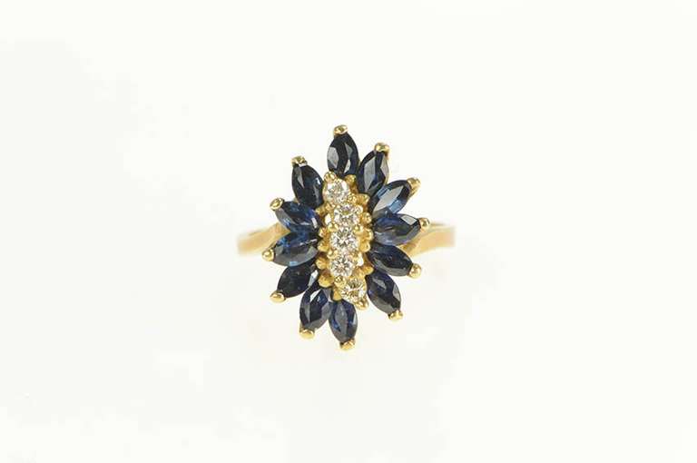 14K Yellow Gold Marquise Sapphire Diamond Wavy Cluster Ring