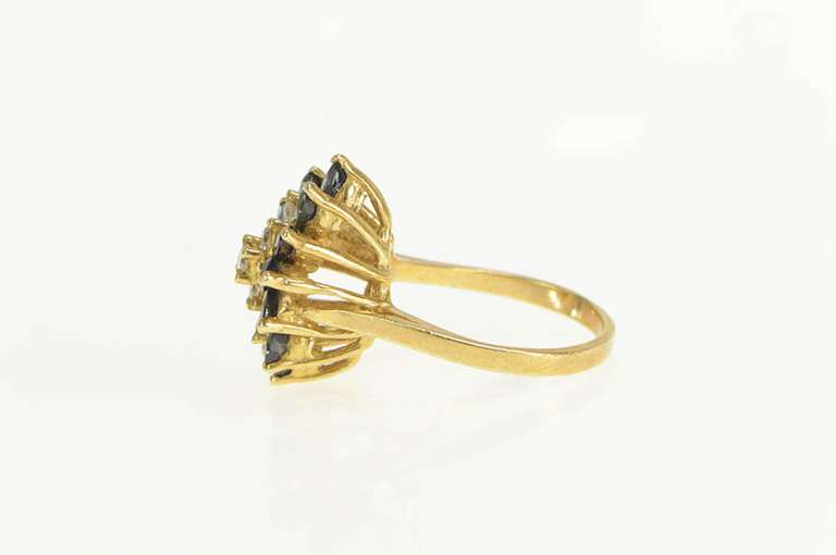 14K Yellow Gold Marquise Sapphire Diamond Wavy Cluster Ring