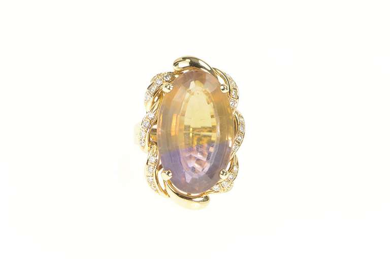14K Yellow Gold 18.00 Ctw Ametrine Diamond Halo Cocktail Ring