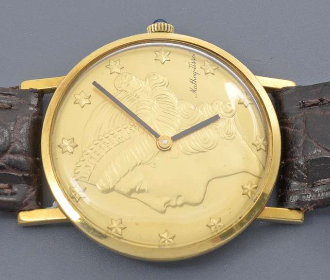 Stately Mathey Tissot Liberty Coin Men's 18K G Watch