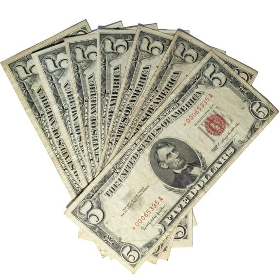 7 Red Seal $5 US Notes
