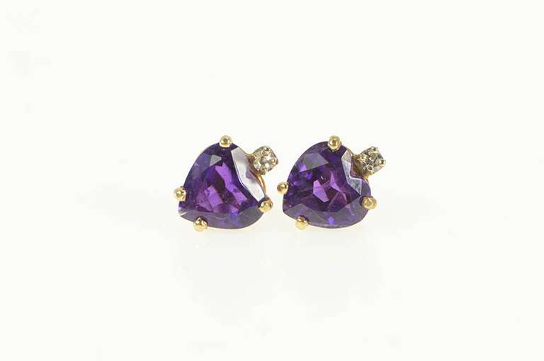 14K Yellow Gold Heart Amethyst Diamond Accent Stud Earrings