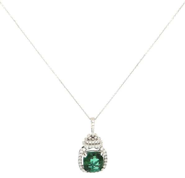 Incredible White Gold Green Tourmaline and Diamond Pendant on Chain