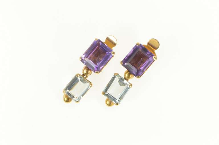 14K Yellow Gold Emerald Cut Amethyst Blue Topaz Dangle Clip Earrings