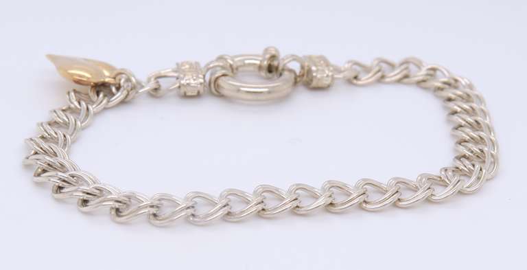 Vintage 925 Sterling Silver Double Link Charm Bracelet with Heart Shaped Charm