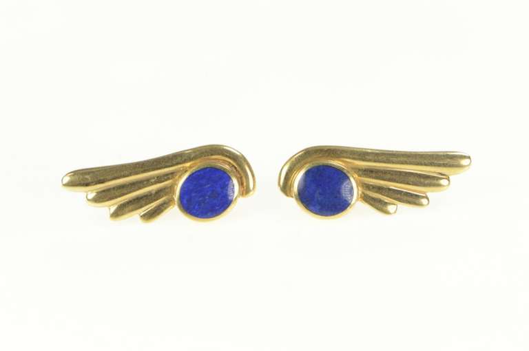 14K Yellow Gold Lapis Lazuli Retro Scalloped Wing Designer Earrings