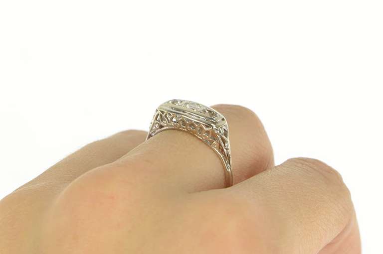 14K White Gold Art Deco Ornate Filigree Squared Statement Ring