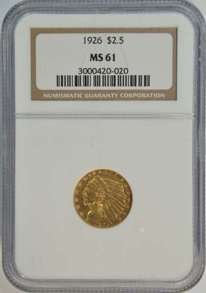 Choice BU 1926 US $2.50 Indian Gold Piece. NGC MS61