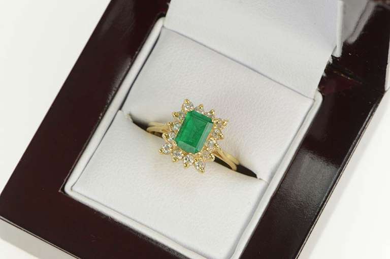 14K Yellow Gold 1.10 Ctw Emerald Diamond Halo Engagement Ring