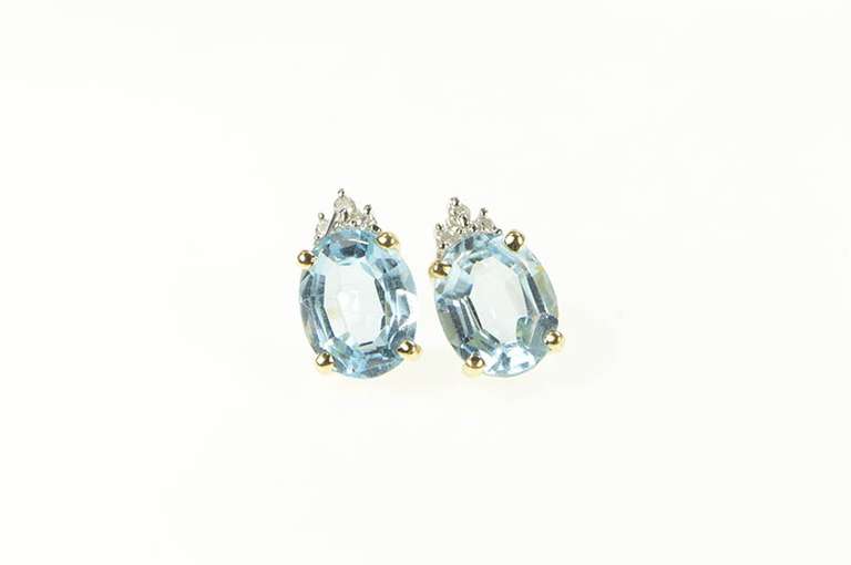 14K Yellow Gold Oval Blue Topaz Diamond Cluster Accent Earrings