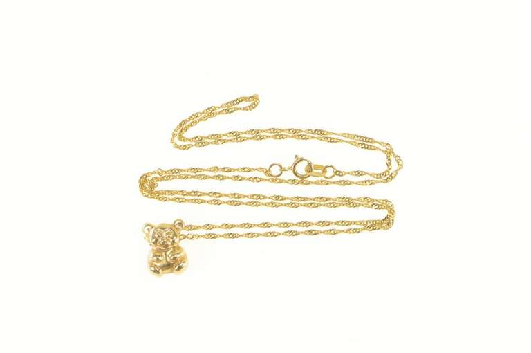 14K Yellow Gold Puffy Teddy Bear Stuffed Animal Twist Chain Necklace